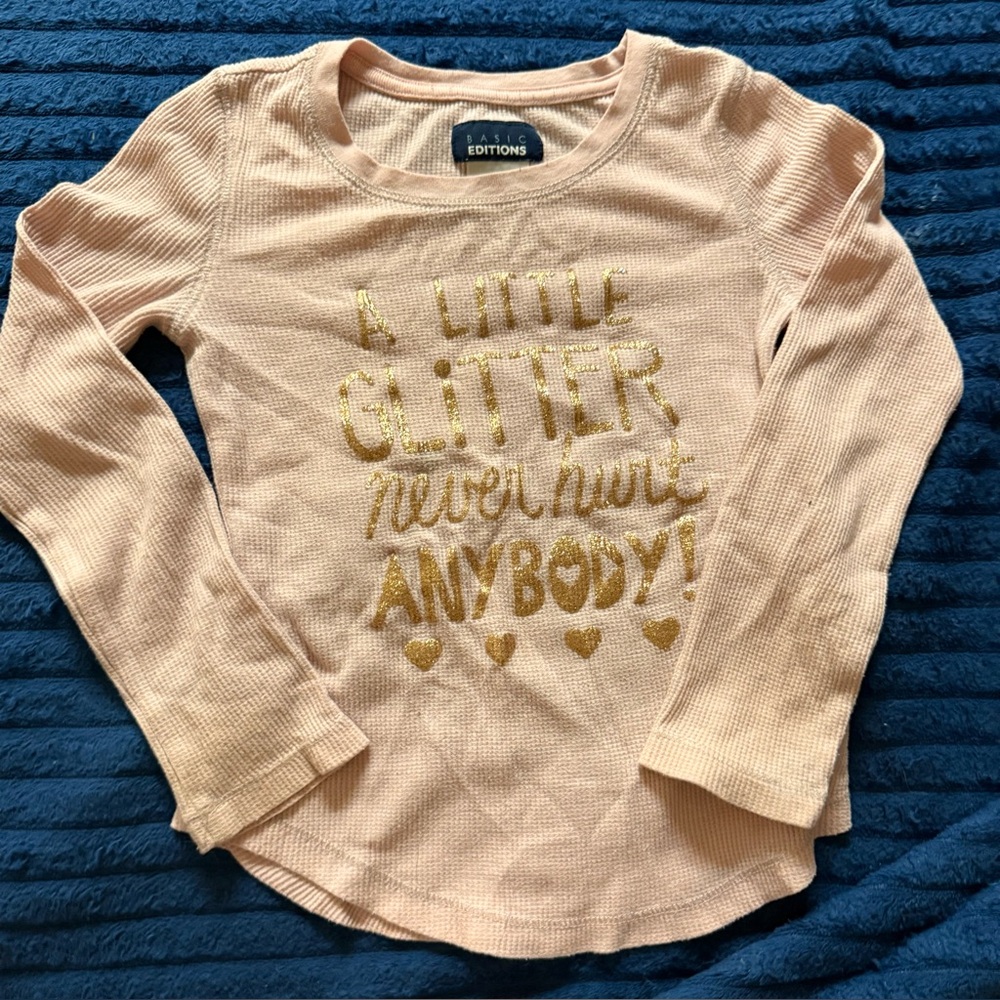 Basic Editions Soft Pink Long Sleeve Shirt with Gold Glitter Design